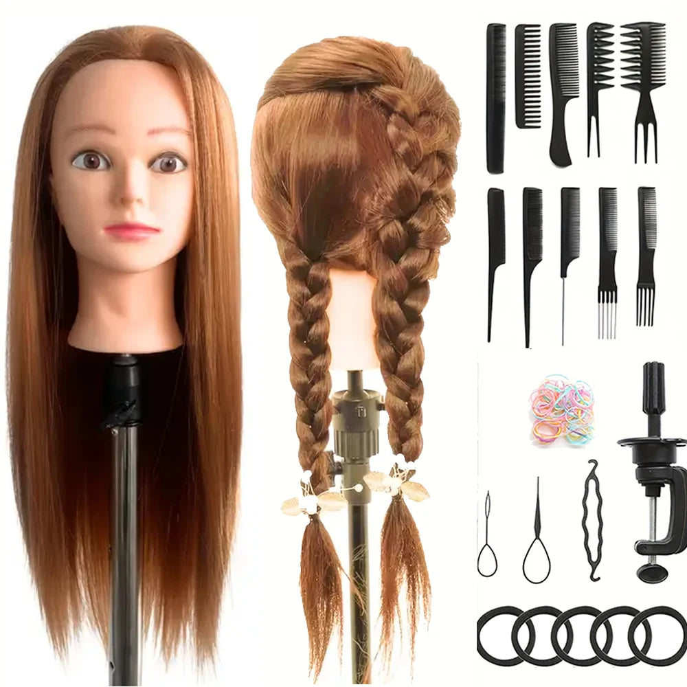 Synthetic Fiber Hairdresser Practice Styling Training Head, Human Model Doll Head, with Free Rubber Band and Hairdressing Tools
