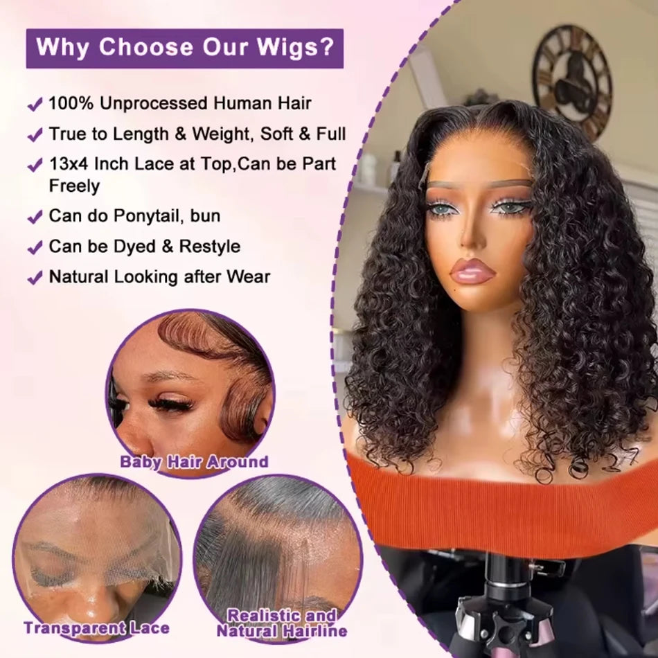 250 Density Glueless Kinky Curly Bob Wig Lace Frontal High Quality Wear And Go 100% Human Hair Wigs Pre Plucked 13X6 Deep Water
