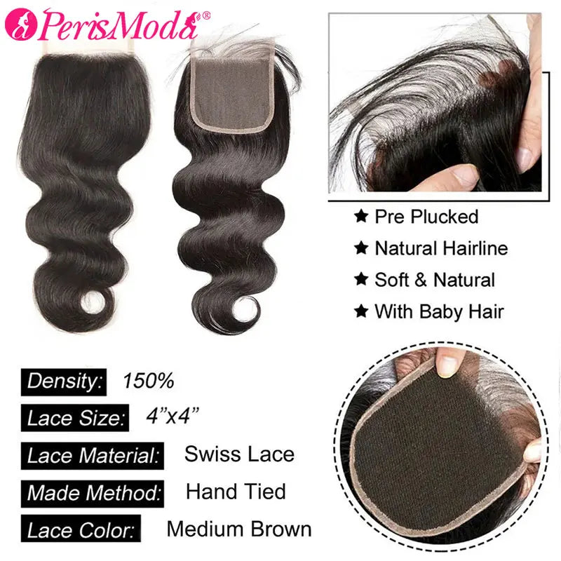 PerisModa Body Wave Human Hair Bundles With Closure 5x5 Transparent Lace 4×4 Brown Lace Brazilian Remy 12A Human Hair Extensions