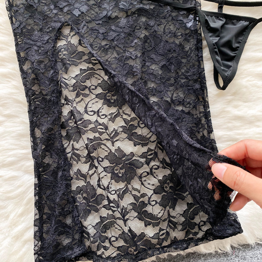 SINGREINY Summer France Sensual Night Dress Erotic Hollow Out Camis Lingerie Nightwear Women Split Slim Sheer Lace Pajamas Dress