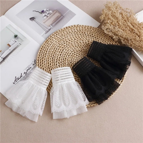 1 Pair Versatile Elegant Fake Cuffs Embroidery Pattern Detachable Lace Sleeves Solid Color Thin False Cuffs For Women