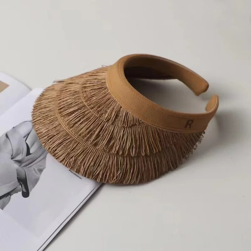 2025 New summer empty top women's straw braid fringe sunhat is a sunhat with sunblock UV beach holiday