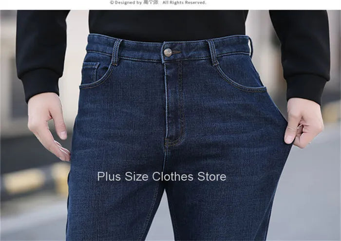 Tall Man Fleece Jeans 117CM Extra Long Stretched Plus Size 42 44 Fit Trousers Warm Autumn Winter High Waist Denim Pants Trousers
