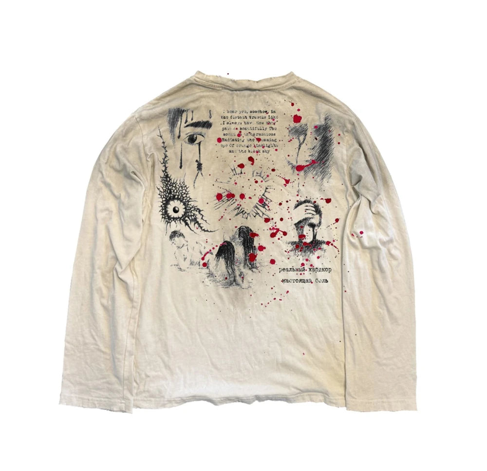 Vintage Washed Long Sleeves T-Shirt Summer Graffiti Printed Destroyed Dirty T Shirt Hip Hop Streetwear Cotton Tops Tees
