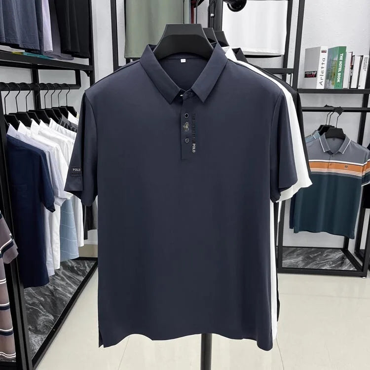 High end brand short sleeve polo shirt men's 2025 summer new trend embossed design casual ice silk breathable lapel Paul T-shirt