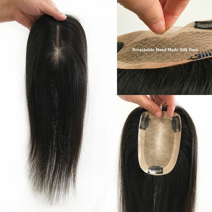 9x14cm Straight Silk Base Women Topper with Clips In Virgin European Human Hair Toupee for Women  20cm-40cm Hand Made