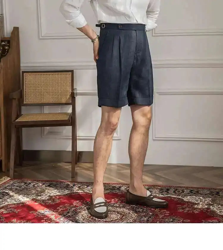 100% Linen Summer Straight Naples Shorts Men Solid Color Business Dress Pants Office Social Casual Slim Fit Shorts