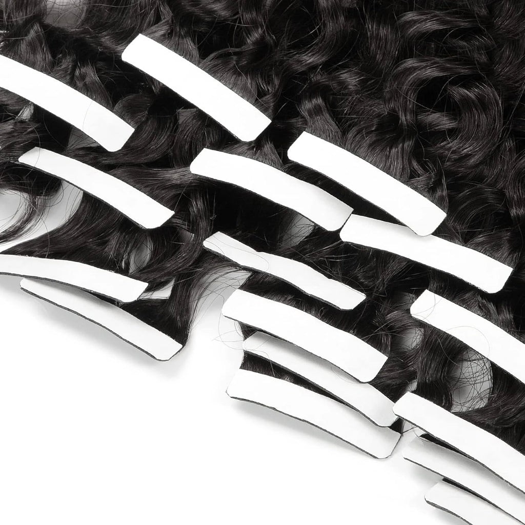 Curly Tape in Hair Extensions Deep Wave Tape in Hair Extensions 100% Human Hair Full Head Skin Adhesive Natural Black 24 26 Inch