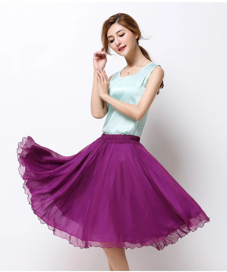 Summer Women Silk Tutu Skirts Chiffon Pleated Dance Beach Wedding Party Skirt Black White Elastic High Waist Midi Skirts