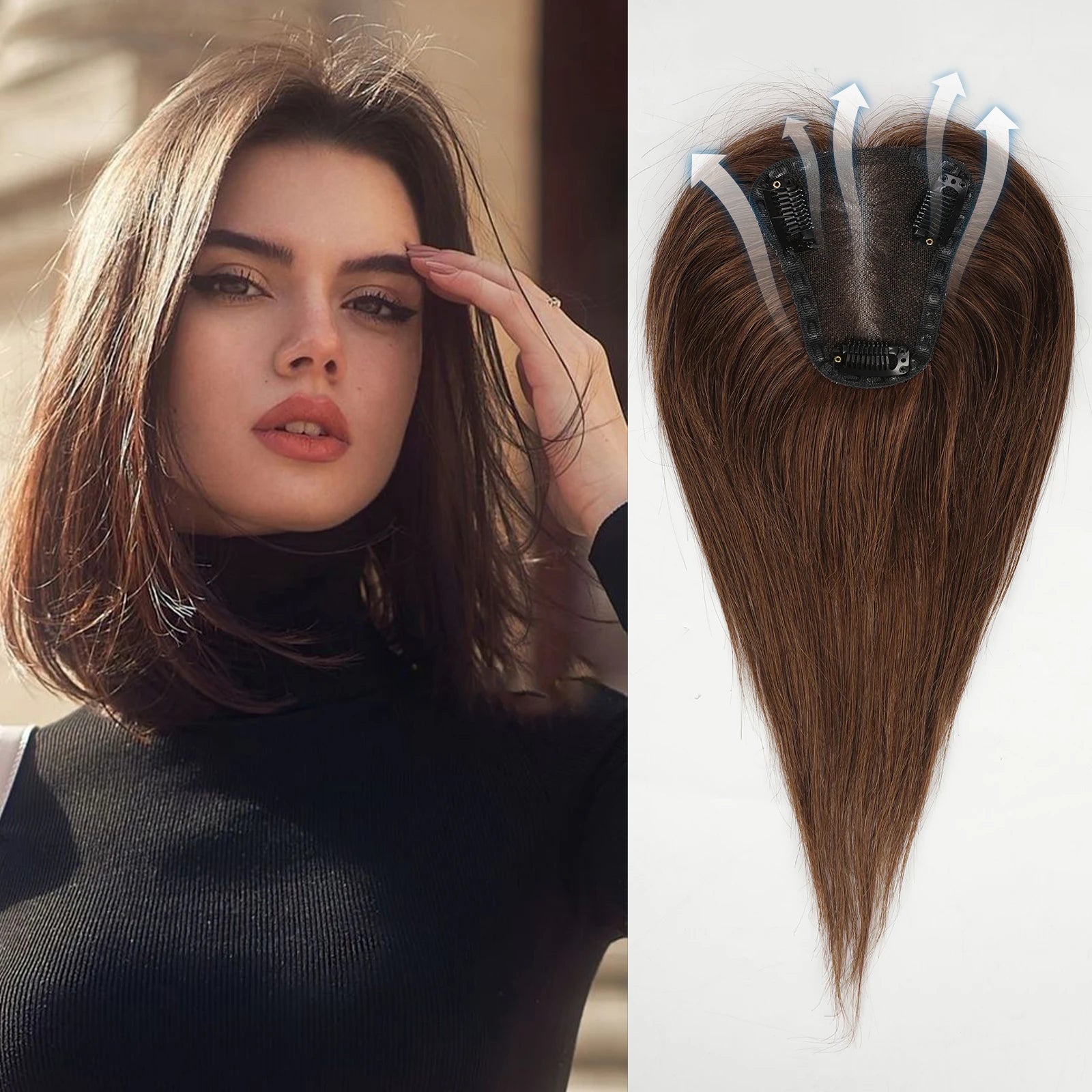 Chocolate Brown Remy Human Hair Toppers 12inches Straight Topper Lace Base Clips in Hair Human Hair Pieces Extensions for Women