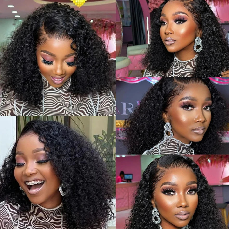 250 Density Glueless Kinky Curly Bob Wig Lace Frontal High Quality Wear And Go 100% Human Hair Wigs Pre Plucked 13X6 Deep Water