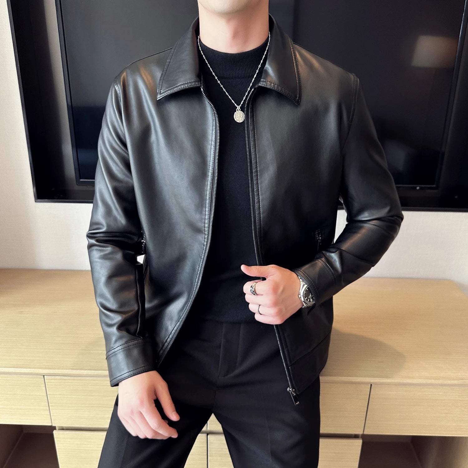 Mens Biker Clothes Slim Fit Casual Leather Jackets Trendy Mens Jackets Fashion Brand Vintage Leather Coats Men's Motorcycle Coat