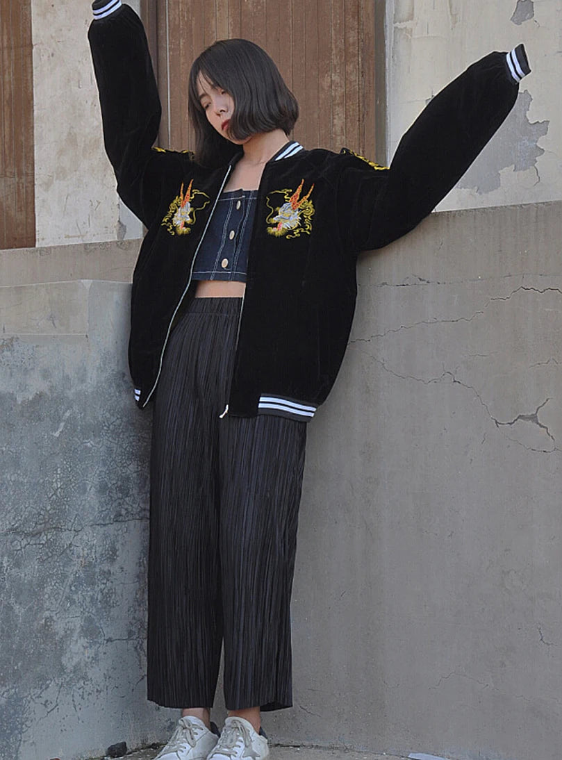Unisex Spring Autumn Velveteen Baseball Jacket Men Women Luxury Sukajan Dragon Embroidery Bomber Coat Japanese 2026 Z1