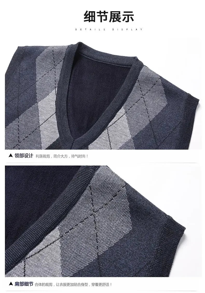 Fashion Vintage Winter Argyle Elastic Sweaters Vest Plus Fleece Thermal V-neck Sleeveless Loose Knitted Comfortable Pullover Top