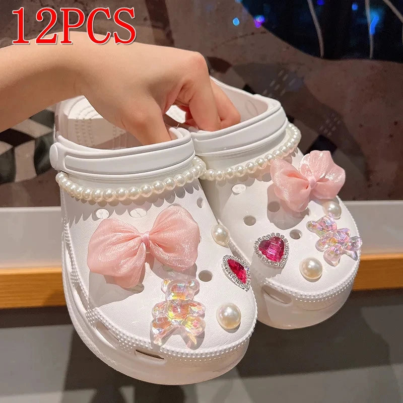 12/14PCS Advanced Bow Shoe Decorations Shoe Charms Set Pearl Butterfly Shoe Decoration DIY Detachable Buckle Shoes Accessories