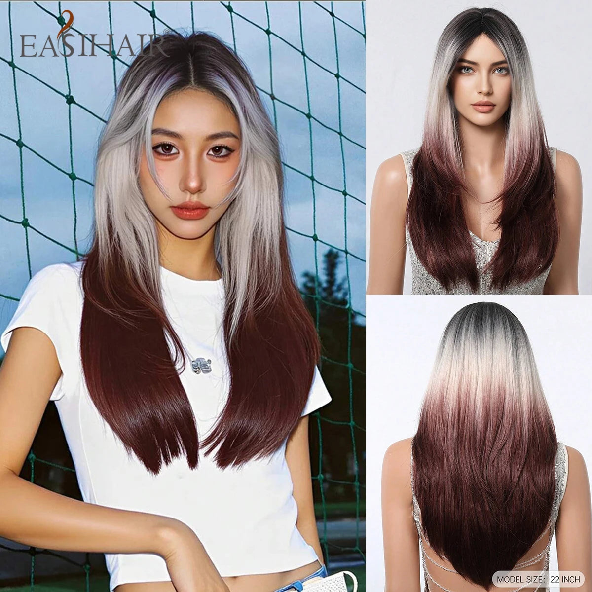 EASIHAIR Brown Straight Layered Wigs for Women Long Natural Hair Synthetic Wigs With Bangs Daily Use Party Heat Resistant Wigs