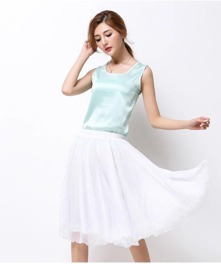 Summer Women Silk Tutu Skirts Chiffon Pleated Dance Beach Wedding Party Skirt Black White Elastic High Waist Midi Skirts