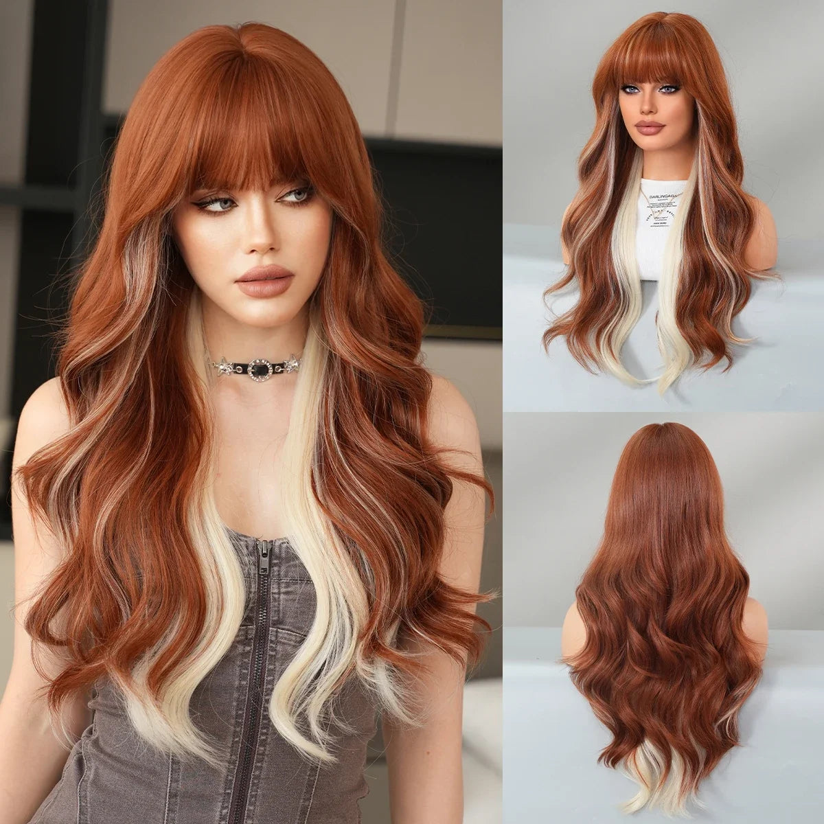 7JHH WIGS Synthetic Loose Wave Brown Wig with Dark Roots High Density Body Wavy Hair Wigs for Women Party Halloween Costume Wigs
