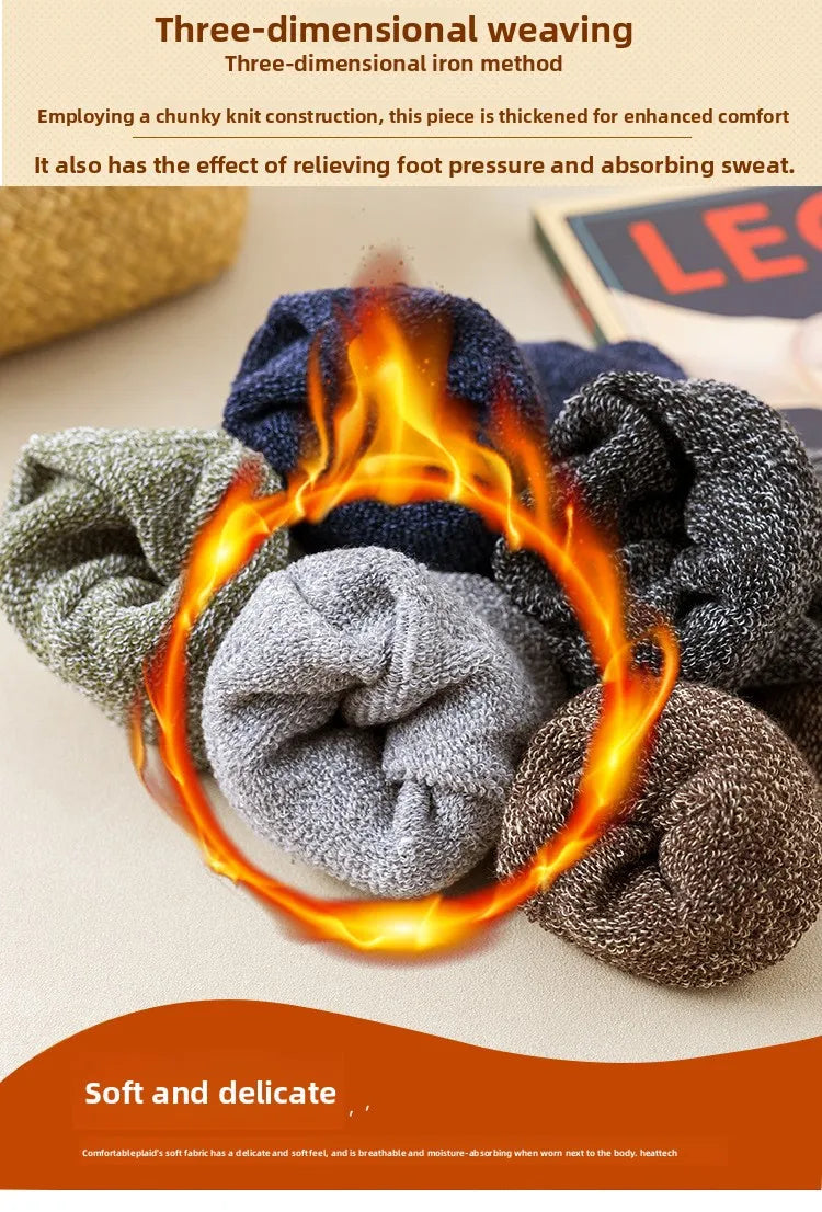 5 Pairs Winter Socks Men's Wool Warm Socks Thick Towel Mid-Calf Anti-Cold Snow Boots Socks Retro Solid Color Merino Terry Socks