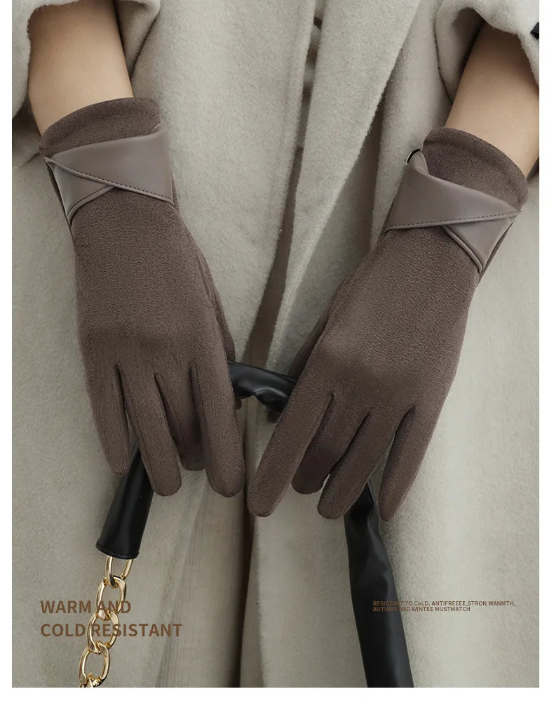 New Suede Gloves for Women Winter Plus Velvet Warm Commercial Style Temperament Bow Touch Screen Riding Driving
