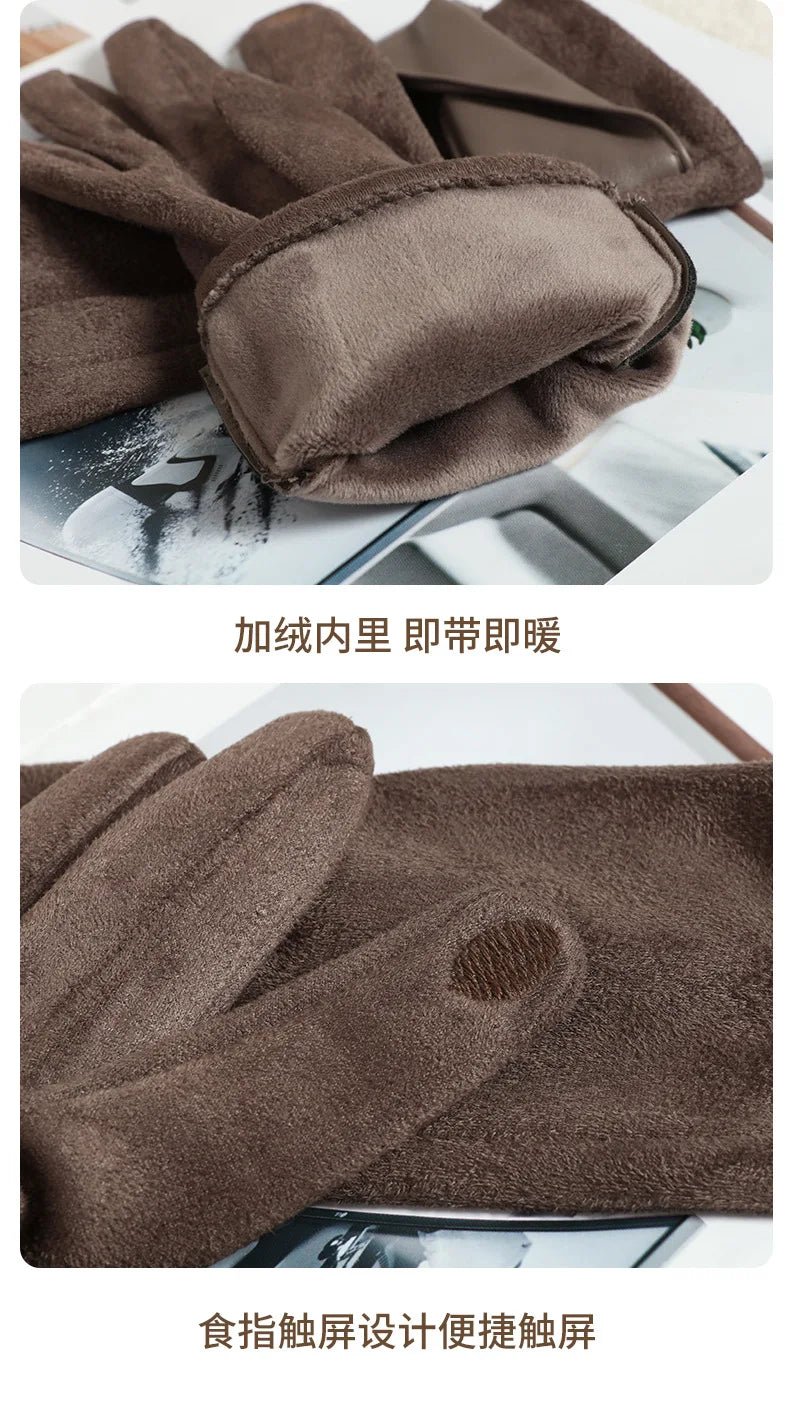 New Suede Gloves for Women Winter Plus Velvet Warm Commercial Style Temperament Bow Touch Screen Riding Driving