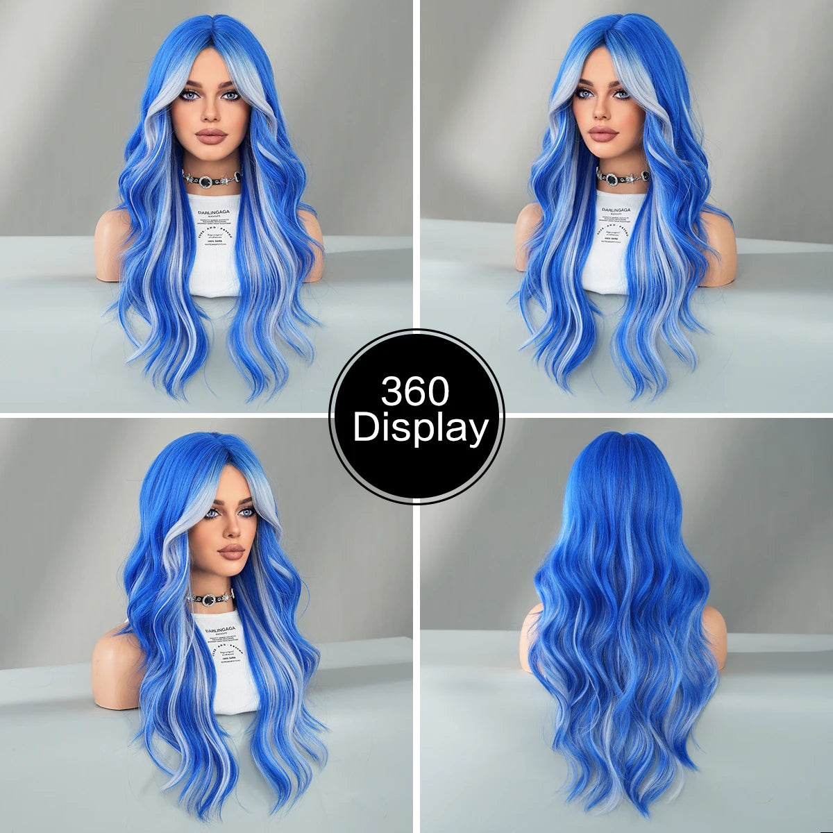 NAMM Highlight Skunk Wig Body Wave Synthetic Blue Wig for Women Daily Party Use Highlight Ash Wavy Wigs With Medium Wigs