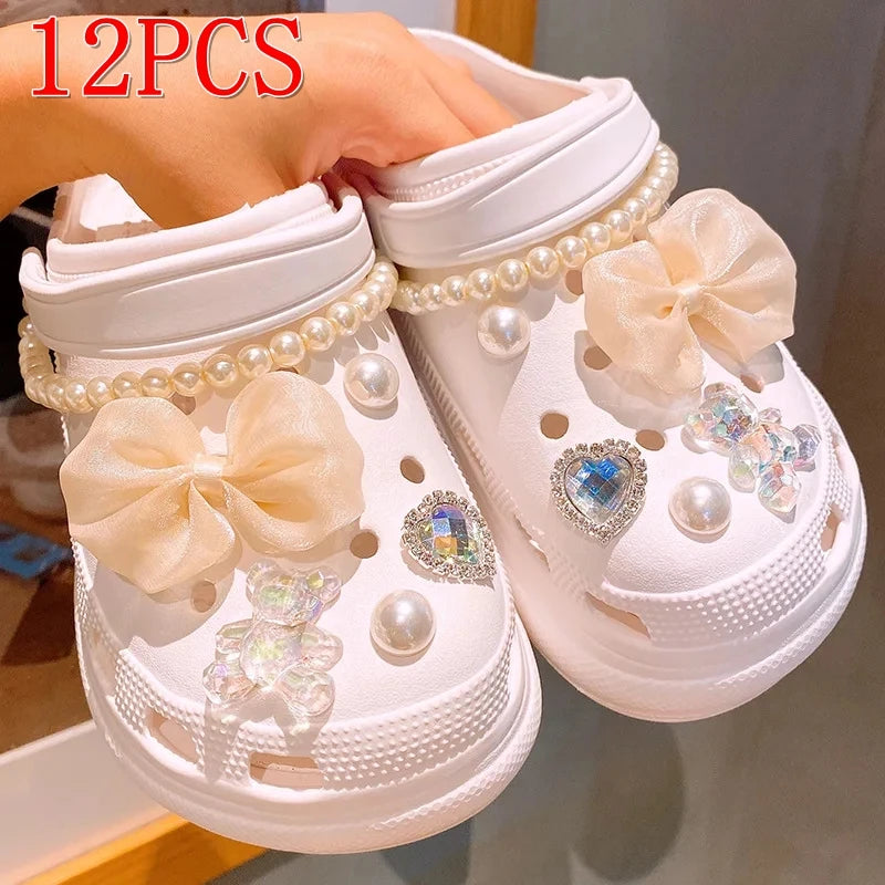 12/14PCS Advanced Bow Shoe Decorations Shoe Charms Set Pearl Butterfly Shoe Decoration DIY Detachable Buckle Shoes Accessories