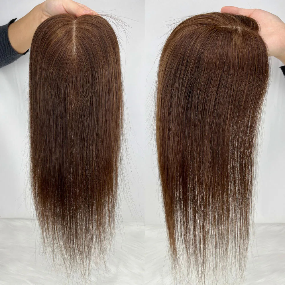 11x13cm Dark Brown Human Hair Topper Silk Base Hand Tied Silk Top Toupee Breathable Remy Hair Piece with Clips in for Women
