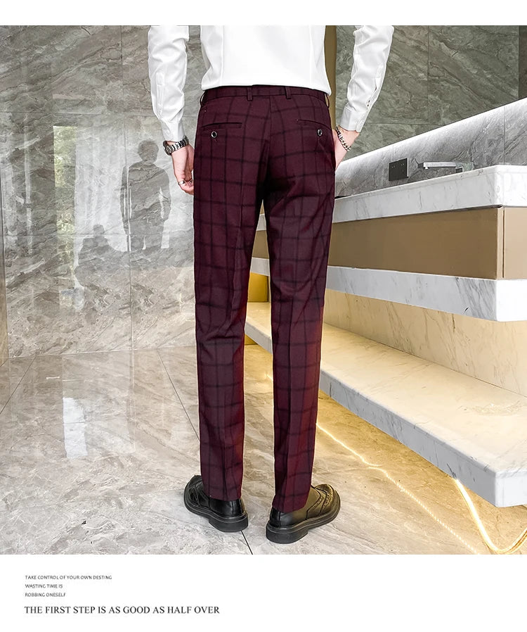 2025 New Burgundy Navy Plaid Casual Suit Pants for Men, Beige/Blue Vertical Stripe Non-Iron Slim Small Leg Work Trousers Men