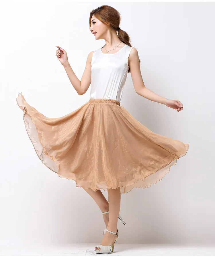 Summer Women Silk Tutu Skirts Chiffon Pleated Dance Beach Wedding Party Skirt Black White Elastic High Waist Midi Skirts