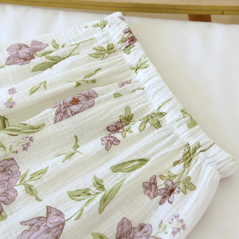 2024 Autumn Cotton Crepe Women's Pajamas Casual Soft Loose Sleepwear Long Sleeve Pants Pajama Sets Night Clothes 2-piece Set