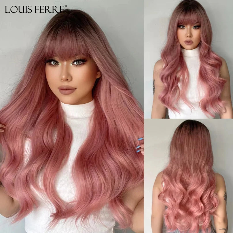LOUIS FERRE Brown Blonde Highlights Wigs For Women Daily Long Wavy Curly Synthetic Wigs Natural Heat Resistant Hair With Bangs