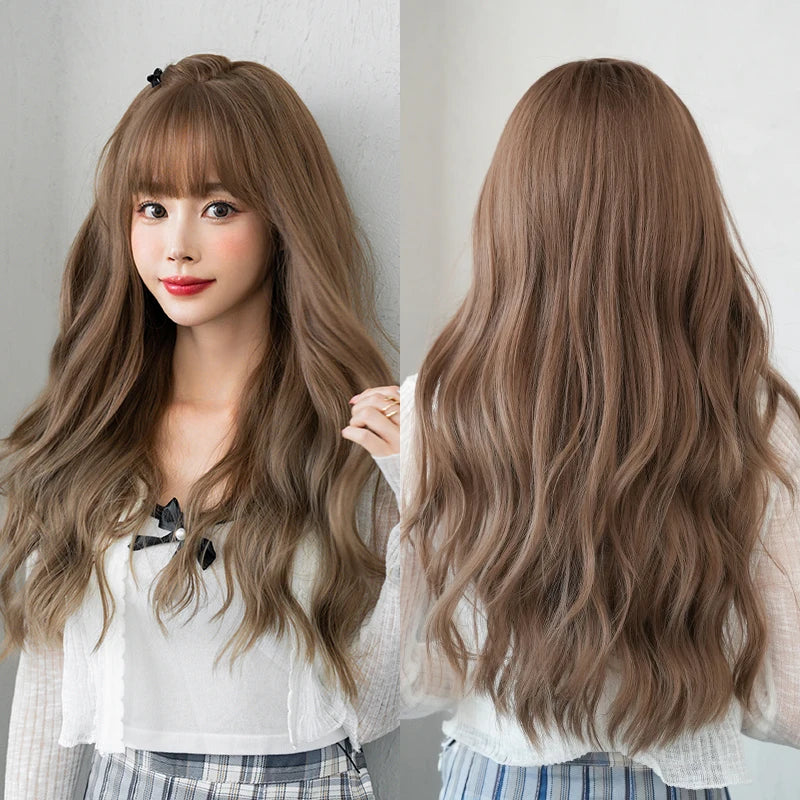 7JHH WIGS Body Wavy Wig Long Loose Curly Brown Wig for Women Daily Use High Density Synthetic Layered Hair Wigs with Bangs