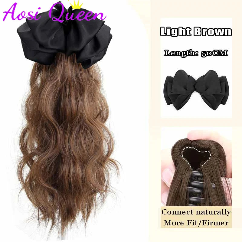 AOSI Synthetic Bow Wig Ponytail Female Clamping Style Long Straight Hair High Ponytail Long Hair Braided Straight Ponytail