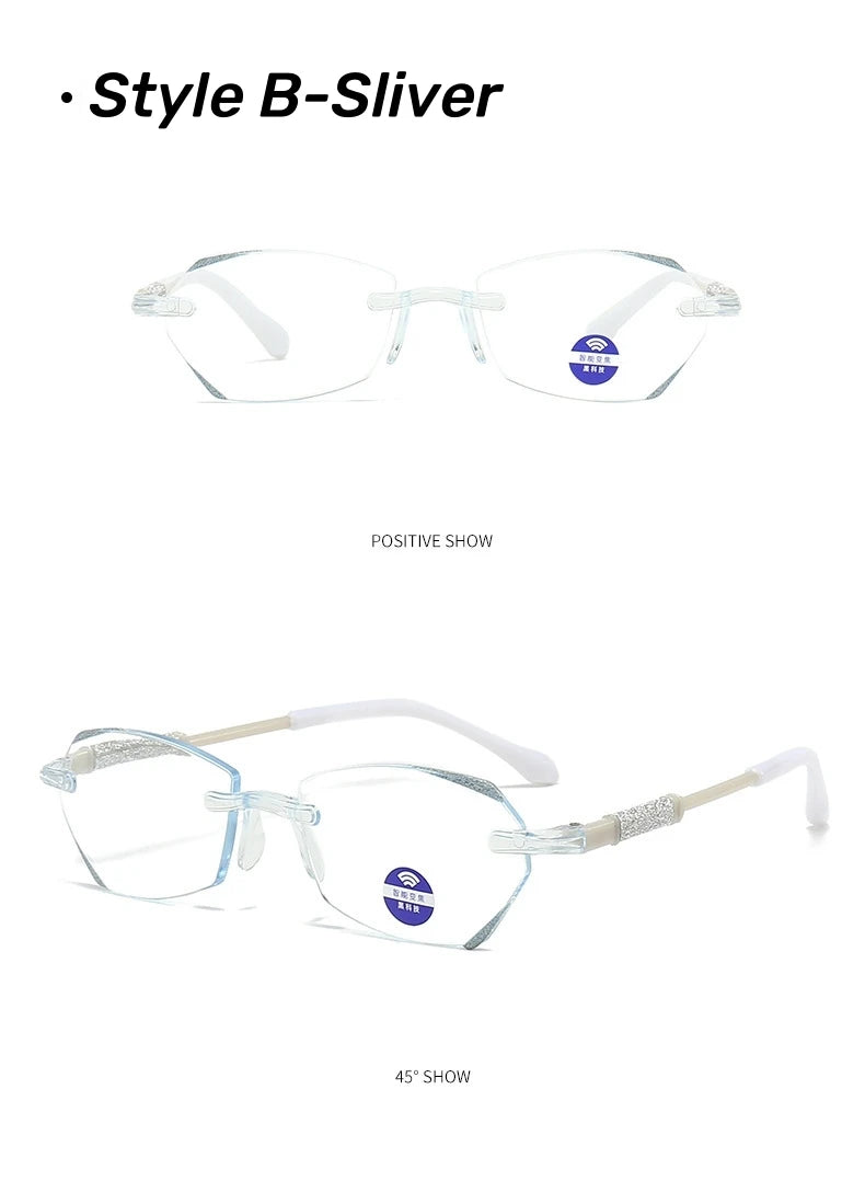 High Definition Lens Reading Glasses Women's Trendy Rimless Anti Blue Light Farsighted Eyewear Prescription Diopter Eyeglasses
