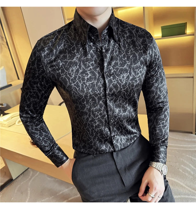 Men Dress Shirt 2024 Solid Casual Long Sleeve Slim Fit Print Shirt Fashion Formal Social Banquet Tuxedo Wedding Men Clothing