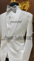 Luxuly White diamond hand embroidery  Men Suits Slim Fit Shawl Lapel Groom Wedding Tuxedos 2 Pieces Sets Male Prom Party Blazers