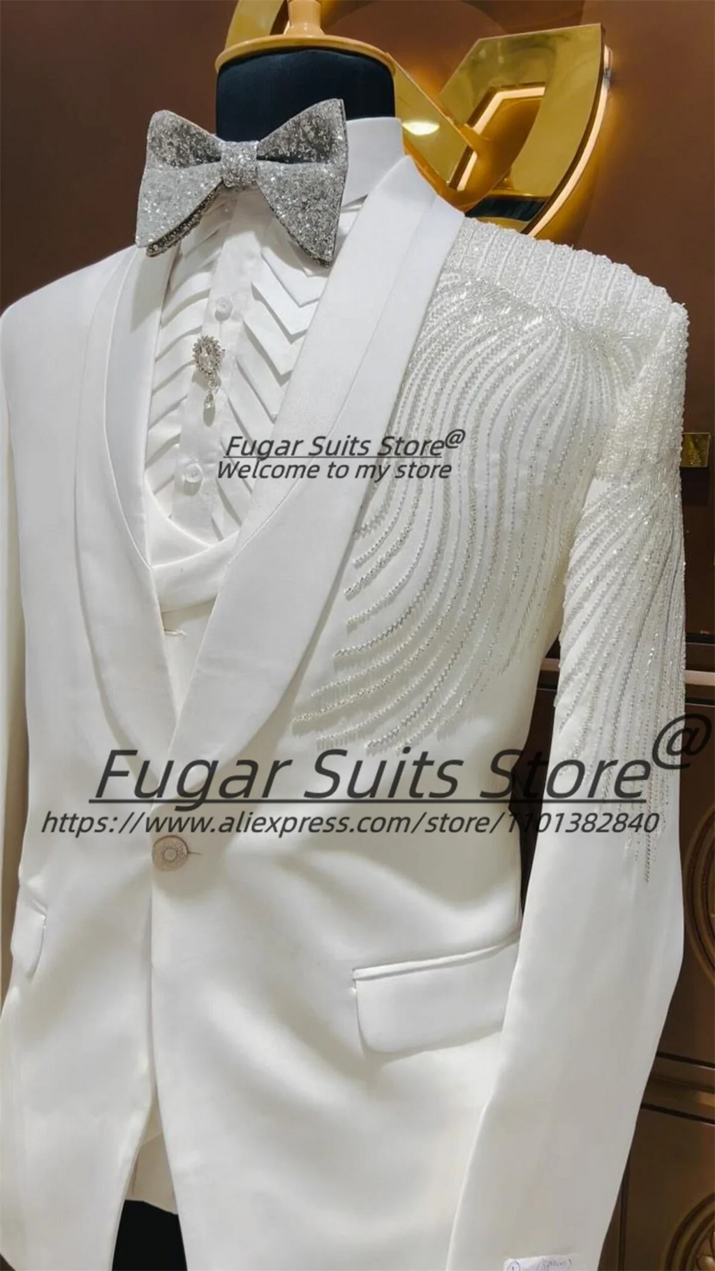 Luxuly White diamond hand embroidery  Men Suits Slim Fit Shawl Lapel Groom Wedding Tuxedos 2 Pieces Sets Male Prom Party Blazers