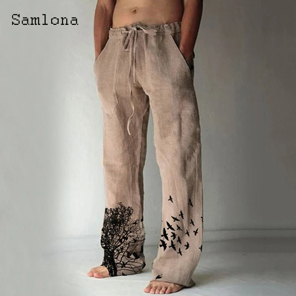 Samlona 2025 Men's Pocket Design Linen Pants Drawstring Loose Trouser Plus Size 3xl Mens Fashion Birds Feather Print Sweatpants