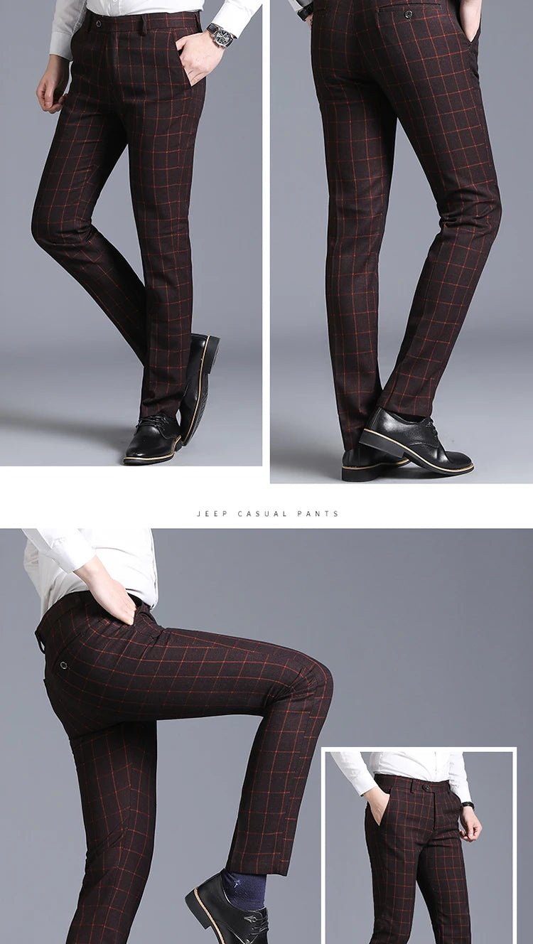 2025 New Burgundy Navy Plaid Casual Suit Pants for Men, Beige/Blue Vertical Stripe Non-Iron Slim Small Leg Work Trousers Men