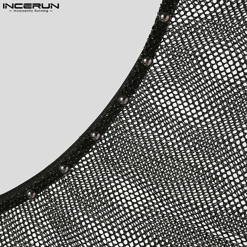 2025 INCERUN Sexy Tops Summer Sleeveless Mesh See-through Tank Tops Streetwear Oversized Tee Men's Clothing