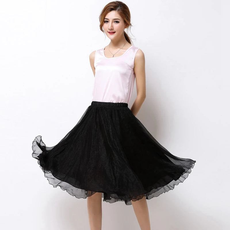 Summer Women Silk Tutu Skirts Chiffon Pleated Dance Beach Wedding Party Skirt Black White Elastic High Waist Midi Skirts