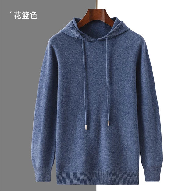 Men's Autumn Winter 100% Merino Wool Sweater Hooded Collar Knitted Pullover Cashmere Sweatshirt Casual Large Tops Long Sleeved