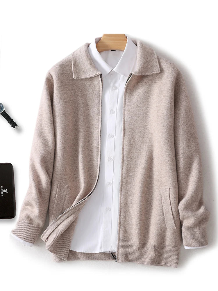 New 100% Pure Wool Knitwear Cardigan Sweater Men's Lapel Zipper Thick Jacket Shirt Collar Smart Casual Knitted Long Sleeve Tops