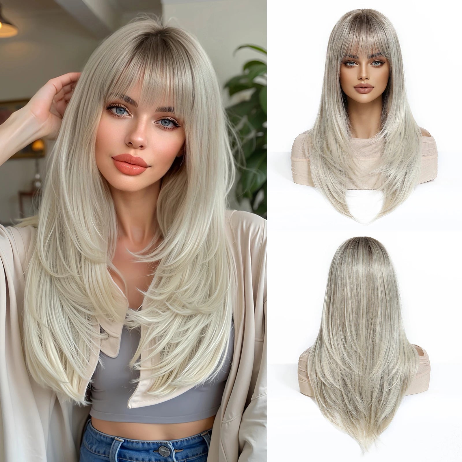 EASIHAIR Brown Straight Layered Wigs for Women Long Natural Hair Synthetic Wigs With Bangs Daily Use Party Heat Resistant Wigs