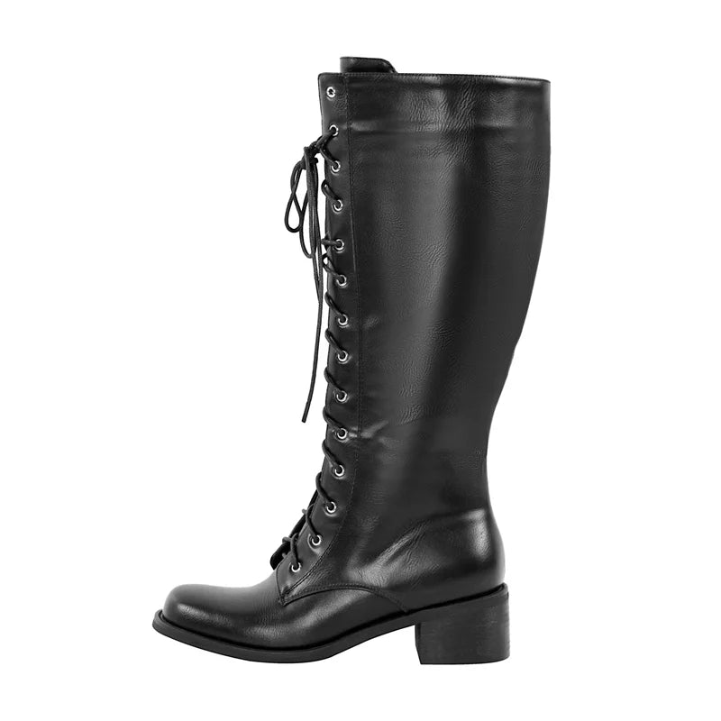 Onlymaker Women Knee High Boots Round Toe Black Matte Gothic Heeled Concise Side Zipper Winter Lace UP Motorcycle Boots