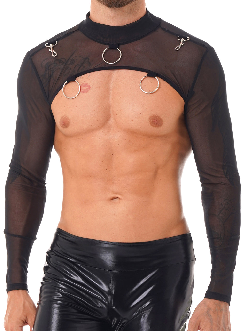 MSemis Male Mens Transparent Moto Sexy Tops Long Sleeve O-Ring Decor T-Shirt See-Through Mesh Half Crop Top Party Clubwear