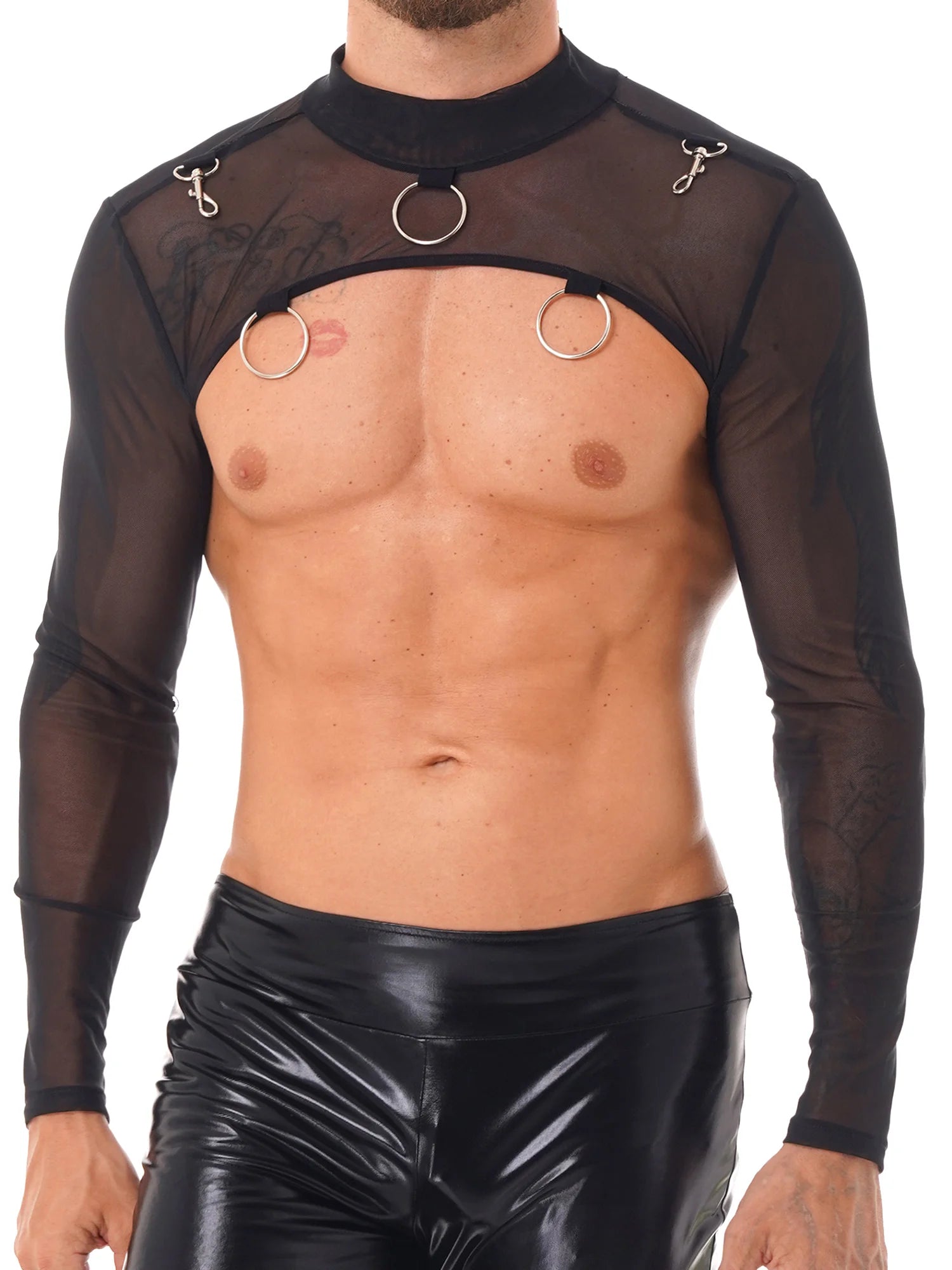 MSemis Male Mens Transparent Moto Sexy Tops Long Sleeve O-Ring Decor T-Shirt See-Through Mesh Half Crop Top Party Clubwear