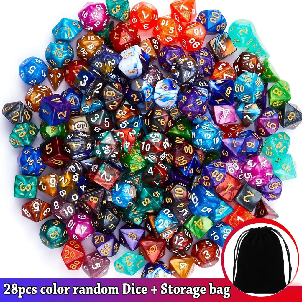 28pcs Polyhedral DND Dice Set - Black Drawstring Pouch with Color-Coded Faces, RPG/D&D Tabletop Game Accessories  ZSY