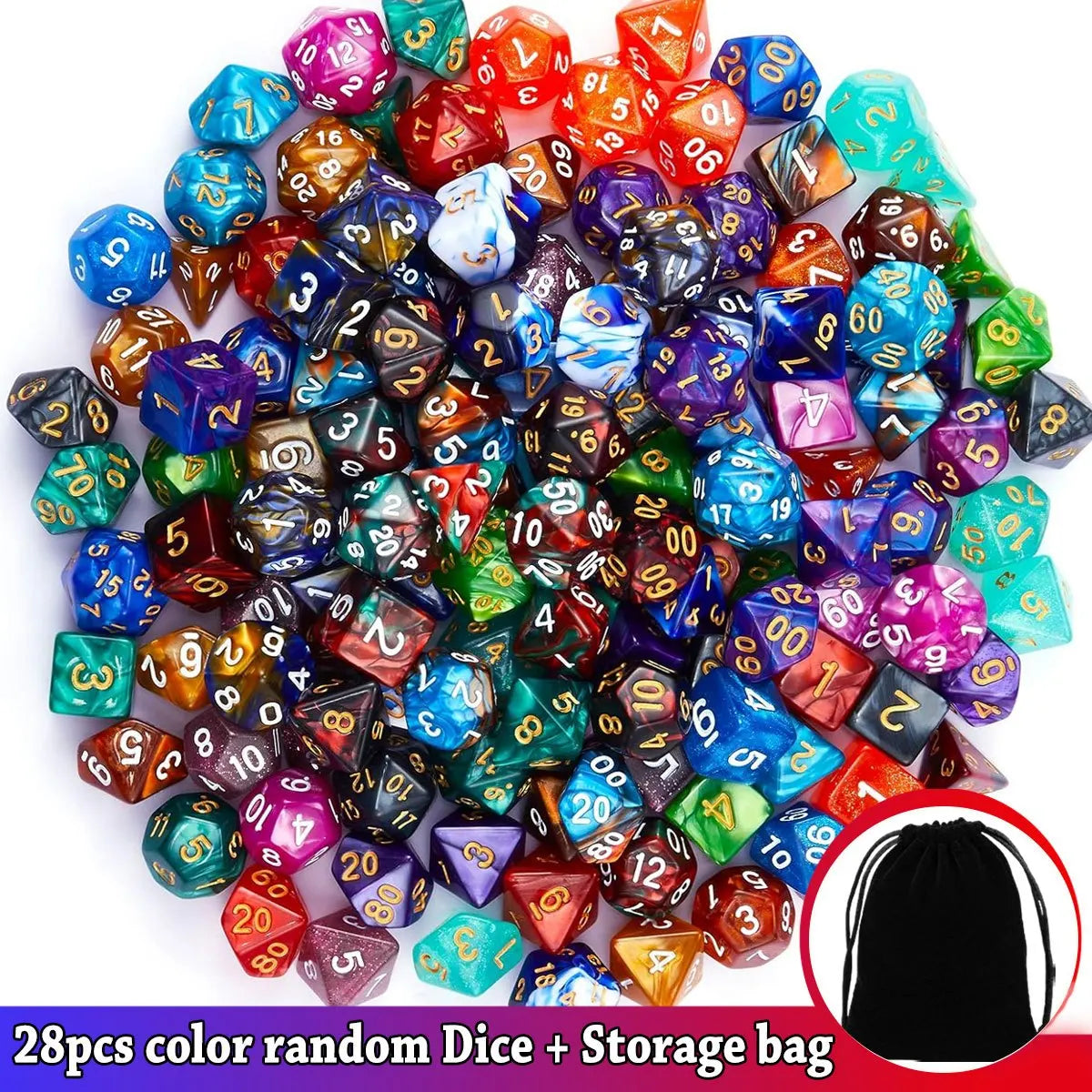 28pcs Polyhedral DND Dice Set - Black Drawstring Pouch with Color-Coded Faces, RPG/D&D Tabletop Game Accessories  ZSY